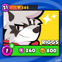  1:1 absurd_res ambiguous_gender anthro brawl_stars closed_smile clothed clothing fur gameplay_mechanics grey_body grey_fur hi_res looking_at_viewer mammal mouth_closed narrowed_eyes pache_riggs procyonid raccoon red_clothing red_topwear signature smile solo supercell_(company) topwear white_body white_fur 