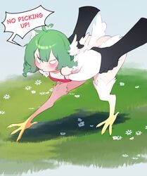  ahoge angry bare_shoulders birb_(niniidawns) bird_legs bird_tail blank_eyes blush braid commentary disembodied_hand english_commentary feathered_wings feathers female grabbing_another&#039;s_wing green_hair hair_between_eyes harpy head_wings heart heart_ahoge highres long_hair monster_girl niniidawns original red_tank_top solo_focus tail talons tank_top twin_braids white_feathers white_wings wing_ears winged_arms wings 