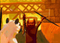  black_eyes black_nose centipede_(rain_world) cheering duo feral happy holding_melee_weapon holding_object holding_polearm holding_prey holding_spear holding_weapon male melee_weapon orange_background polearm rain_world red_body savage_(theonetwo) scholar_(theonetwo) simple_background slugcat spear stare theonetwo videocult weapon white_body 