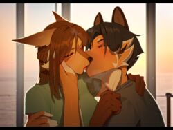  absurd_res african_wild_dog anthro biped black_hair blush bodily_fluids brown_body brown_eyes brown_fur brown_hair canid canine canis closed_eyes dobermann domestic_dog duo female french_kissing fur hair happy herding_dog hi_res jackal kambo kemono kissing kyle_(calix7994) lenka_(janjin192) male male/female mammal married_couple pastoral_dog pinscher romantic romantic_couple 