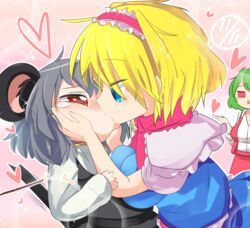  3girls akira_(cookie) alice_margatroid animal_ears black_skirt black_vest blonde_hair blue_dress blue_eyes blush breasts capelet commentary_request cookie_(touhou) dress frilled_capelet frilled_hairband frills green_hair grey_hair hairband hands_on_another&#039;s_cheeks hands_on_another&#039;s_face heart heart-shaped_pupils ichigo_(cookie) kazami_yuuka large_breasts lets0020 long_sleeves looking_at_another medium_bangs mouse_ears mouse_girl mouse_tail multiple_girls nazrin nyon_(cookie) open_clothes open_mouth open_vest pink_background pink_hairband red_eyes red_skirt red_vest shirt short_hair skirt skirt_set smile sparkle stiff_tail symbol-shaped_pupils tail touhou upper_body vest white_capelet white_shirt yuri 