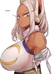  :/ amputee animal_ears aosora2823 artist_name bandages bare_shoulders blush boku_no_hero_academia breasts crescent_print dark-skinned_female dark_skin female fur_collar highres huge_breasts large_breasts leotard long_eyelashes looking_at_viewer medium_hair mirko parted_bangs rabbit_ears rabbit_girl red_eyes simple_background sleeveless_turtleneck_leotard solo taut_leotard tourniquet upper_body white_background white_hair white_leotard 