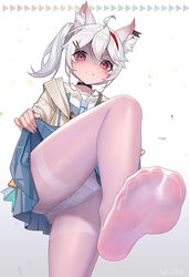  absurdres ahoge animal_ear_fluff animal_ears blue_skirt clenched_teeth clothes_lift feet female foot_focus from_below highres jacket long_sleeves looking_at_viewer medium_hair meumy no_shoes open_clothes open_jacket panties panties_under_pantyhose pantyhose qizhu sailor_collar skirt skirt_lift solo teeth umy_(meumy) underwear v-shaped_eyebrows virtual_youtuber white_hair white_pantyhose white_sailor_collar 