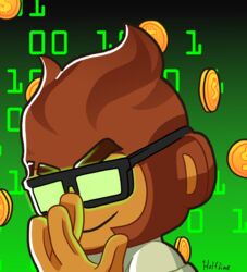  anime_glasses anthro benjamin_(bloons) bloons_tower_defense brown_body brown_fur brown_hair clothing eyebrow_slit eyebrows eyewear eyewear_on_head fur glasses glasses_on_head glowing_glasses green_clothing green_shirt green_topwear hair half_dime haplorhine hi_res humor male mammal meme monkey ninja_kiwi primate shirt smile smirk solo topwear 