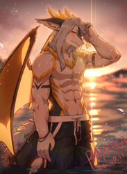  anthro black_clothing black_swimming_trunks black_swimwear clothed clothing dragon ears_back grey_ears grey_hair grey_markings hair hi_res horn inner_ear_fluff long_hair looking_at_viewer male markings membrane_(anatomy) membranous_wings mythological_creature mythological_scalie mythology navel orange_eyes outside papayafurry partially_submerged pivoted_ears scalie solo standing swimming_trunks swimwear topless tuft wet wet_body white_body white_inner_ear white_inner_ear_fluff wings yellow_horn yellow_markings yellow_wings 