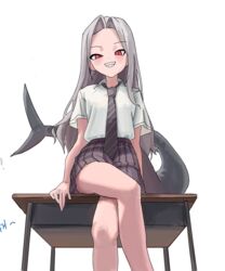  bare_legs black_necktie blush borrowed_character caviar_(potg) collared_shirt commentary_request crossed_legs desk diagonal-striped_clothes diagonal-striped_necktie feet_out_of_frame female fins fish_tail grey_hair grin highres long_hair looking_at_viewer necktie on_desk original pleated_skirt red_eyes shark_girl shark_tail sharp_teeth shirt short_sleeves simple_background sitting skirt smile solo striped_clothes syc2159 tail teeth very_long_hair white_background white_shirt 