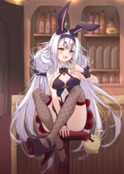  :d absurdres alternate_breast_size animal_ears azur_lane bar_(place) bar_stool between_legs black_bow black_bowtie black_hairband blush bow bowtie breast_rest breasts crop_top crossed_ankles detached_collar eyeshadow female fishnet_thighhighs fishnets full_body hair_between_eyes hairband hand_between_legs hand_to_own_mouth hand_up happy high_heels highres indoors knees_apart_feet_together knees_up legs legs_up long_hair looking_at_viewer makeup manjuu_(azur_lane) medium_breasts messy_hair mikuchi3939 miniskirt official_alternate_costume on_stool pleated_skirt rabbit_ears red_eyeshadow revealing_clothes shimakaze_(azur_lane) shimakaze_(world&#039;s_speediest_bunny_waitress)_(azur_lane) skirt sleeveless smile solo stool teeth thighhighs thighs twintails upper_teeth_only very_long_hair white_hair yellow_eyes 