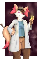  absurd_res alex.fetter braixen brown_body brown_fur brown_hair brynn_(yingpingu) clothing coat female fire fur generation_6_pokemon hair hat headgear headwear hi_res lab_coat lighter nintendo orange_body orange_fur pokemon pokemon_(species) purple_eyes solo topwear yellow_body yellow_fur 