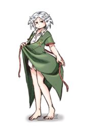  1other :o androgynous badge bare_legs barefoot blunt_bangs bottomless buttons chikafumikou collared_shirt commentary_request dress fujiwara_no_shirogane_no_sanra full_body green_dress grey_eyes grey_hair holding holding_rope len&#039;en light_blush looking_at_viewer military_uniform no_headwear open_door open_mouth other_focus parted_bangs rope shadow shirt short_hair short_sleeves simple_background solo standing toenails toes undressing uniform white_background white_shirt 