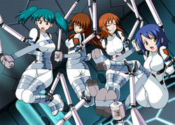  4girls arms_behind_back ass blue_eyes blue_hair bodysuit bondage bondage bound bound_ankles bound_arms bound_legs bound_wrists breasts brown_eyes brown_hair daikinbakuju doi_shizuha duct_tape green_hair honjou_mikaze kikuhara_karin long_hair mechanical_arms medium_breasts multiple_girls mummification_(bound) nakamura_ayamo open_mouth orange_hair restrained short_hair stratos_4 tape tape_bondage twintails white_bodysuit yellow_eyes 