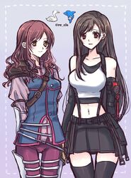  2girls arms_behind_back bird black_hair black_thighhighs bosch breasts brown_eyes brown_hair cissnei crop_top dolphin final_fantasy final_fantasy_vii final_fantasy_vii_rebirth final_fantasy_vii_remake highres looking_at_viewer midriff multiple_girls navel single_shoulder_pad skirt smile strap suspender_skirt suspenders swan tank_top thigh_gap thighhighs tifa_lockhart white_tank_top 