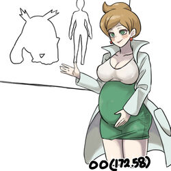  aurea_juniper blush breasts cleavage coat commentary darmanitan earrings eyelashes female gigobyte350 green_eyes green_skirt hand_on_own_stomach hand_up high-waist_skirt implied_bestiality jewelry long_sleeves open_clothes open_coat parted_bangs parted_lips pokemon pokemon_bw pregnant shirt skirt smile solo 