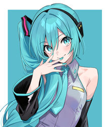  alternate_hairstyle aqua_background aqua_eyes aqua_hair aqua_nails aqua_necktie bare_shoulders black_sleeves blush border breasts commentary_request derivative_work detached_sleeves female grey_shirt hatsune_miku hatsune_miku_(noodle_stopper) long_hair looking_at_viewer meme mixed-language_commentary necktie outside_border photo-referenced shirt side_ponytail sidetail_miku_noodle_stopper_(meme) simple_background sleeveless small_breasts solo upper_body vocaloid white_border xiaoxiao_de_kuangsan 