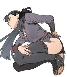  black_eyes black_hair black_thighhighs closed_mouth commentary_request dungeon_meshi female full_body hien ju_neng_binggui long_hair long_sleeves looking_to_the_side ponytail sandals simple_background solo thighhighs toeless_legwear white_background 