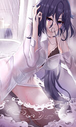  absurdres aichinaigai bathroom bathtub black_hair breasts clorinde_(genshin_impact) female genshin_impact highres large_breasts long_hair looking_at_viewer purple_eyes shirt solo very_long_hair wet wet_clothes wet_shirt white_shirt 