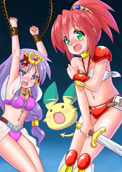  2girls anger_vein annoyed armor armpits arms_up belt bikini bikini_armor blush boots bracer breasts caron_(rall) caron_(rall)_(cosplay) chains cosplay covering_breasts covering_privates cream_lemon cuffs embarrassed green_eyes hair_ornament highres hiiragi_kagami jewelry julia_(rall) julia_(rall)_(cosplay) knee_boots kobayakawa_yutaka long_hair low-tied_long_hair lucky_star mtak46597821 multiple_girls navel necklace open_mouth pink_bikini ponytail purple_eyes purple_hair red_bikini red_hair sf_choujigen_densetsu_rall showgirl_skirt skirt stomach swimsuit sword thighs weapon white_skirt 