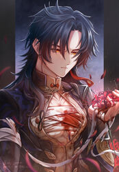  1boy absurdres bandaged_arm bandaged_chest bandaged_hand bandages black_hair black_jacket blade_(honkai:_star_rail) blood blood_on_bandages chinese_clothes chinese_commentary chj_joanna closed_mouth collarbone commentary_request curtained_hair ear_piercing earrings flower highres holding holding_flower honkai:_star_rail honkai_(series) jacket jewelry looking_at_flowers male_focus open_clothes open_jacket orange_eyes partially_open_jacket pectoral_cleavage pectorals piercing red_spider_lily single_earring solo toned toned_male upper_body v-shaped_eyebrows 