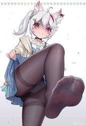  absurdres ahoge animal_ear_fluff animal_ears black_pantyhose blue_skirt clenched_teeth clothes_lift feet female foot_focus from_below highres jacket long_sleeves looking_at_viewer medium_hair meumy no_shoes open_clothes open_jacket panties panties_under_pantyhose pantyhose qizhu sailor_collar skirt skirt_lift solo teeth umy_(meumy) underwear v-shaped_eyebrows virtual_youtuber white_hair white_sailor_collar 