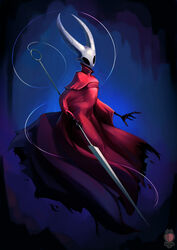  2022 2_horns arthropod artist_logo black_eyes black_hands cloak clothing digital_media_(artwork) female fingers hi_res holding_melee_weapon holding_object holding_sword holding_weapon hollow_knight horn hornet_(hollow_knight) kaislair logo looking_at_viewer melee_weapon nail_(weapon) red_cloak red_clothing silk simple_background solo standing sword team_cherry weapon 