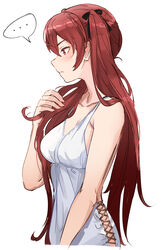  ... alternate_costume bare_arms blush breasts cross-laced_clothes cross-laced_dress cross-laced_slit dress female fire_emblem fire_emblem_fates from_side gift_art hand_in_own_hair highres long_hair no_bra no_panties ormille red_eyes red_hair second-party_source selena_(fire_emblem_fates) side_slit sideless_outfit simple_background small_breasts solo speech_bubble twintails white_background white_dress 