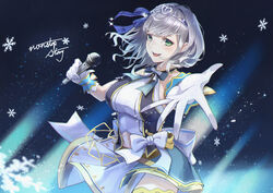  absurdres alternate_costume commentary_request female gloves green_eyes grey_hair hair_ornament highres holding holding_microphone hololive hololive_idol_uniform idol_clothes ioriwu8 medium_hair microphone nonstop_story official_alternate_costume open_mouth reaching reaching_towards_viewer shirogane_noel snowflakes solo sweat teeth upper_teeth_only virtual_youtuber wavy_hair white_gloves 