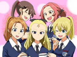  5girls ;d absurdres alternate_hairstyle assam_(girls_und_panzer) black_necktie black_ribbon blue_eyes blue_sweater brown_eyes brown_hair closed_eyes closed_mouth commentary cup darjeeling_(girls_und_panzer) dress_shirt emblem girls_und_panzer hair_ornament hair_pulled_back hair_ribbon hair_tie hair_up hairclip highres holding holding_cup holding_teapot light_frown long_hair long_sleeves looking_at_another medium_hair multiple_girls natsume_mina necktie one_eye_closed open_mouth orange_hair orange_pekoe_(girls_und_panzer) ponytail red_hair ribbon rosehip_(girls_und_panzer) rukuriri_(girls_und_panzer) school_uniform shirt short_hair sidelocks smile st._gloriana&#039;s_(emblem) st._gloriana&#039;s_school_uniform sweater tea teacup teapot v-neck white_shirt wing_collar 