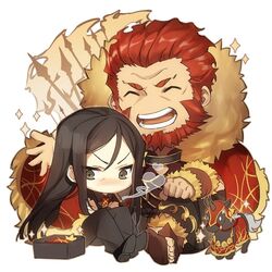  2boys armor bad_id bad_twitter_id beard black_hair blush box bucephalus_(fate) chibi cigar cloth crossed_arms facial_hair fate/grand_order fate_(series) formal frown grey_eyes heart horse ionioi_hetairoi_(fate) iskandar_(fate) long_hair looking_away lord_el-melloi_ii male_focus multiple_boys necktie no-kan red_hair sandals smoke_heart suit waver_velvet 