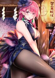  azur_lane bad_id bad_pixiv_id bare_shoulders black_prince_(azur_lane) black_prince_(fair_maid_spring)_(azur_lane) blush breasts cherry_blossoms chin_gero china_dress chinese_clothes cleavage cleavage_cutout clothing_cutout commentary_request dress earrings female folding_fan gloves hair_between_eyes hand_fan hat holding holding_fan indoors jewelry knee_up large_breasts looking_at_viewer night official_alternate_costume open_mouth pantyhose petals pink_eyes pink_hair sidelocks sky solo star_(sky) starry_sky thighs translated 