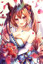  :d animal_ears bare_shoulders blue_bow blush bouquet bow breasts bride brown_hair collarbone commentary_request cowboy_shot daiwa_scarlet_(umamusume) dress female flower hair_flower hair_intakes hair_ornament highres holding holding_bouquet horse_ears horse_girl jewelry large_breasts long_hair looking_at_viewer necklace open_mouth petals red_eyes red_flower red_rose rose rose_petals simple_background smile solo strapless strapless_dress tiara twintails umamusume very_long_hair wedding_dress white_background white_dress xx_momomo_xx 