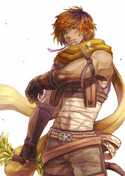  1boy arm_guards bandages bangs belt belt_buckle blue_eyes bow_(weapon) brown_gloves brown_shorts brown_vest buckle cowboy_shot fingerless_gloves gloves hair_between_eyes holding holding_bow_(weapon) holding_weapon long_scarf looking_at_viewer male_focus misuguu mole mole_under_mouth mouth_hold muscle orange_hair pin ragnarok_online ranger_(ragnarok_online) scarf short_hair shorts simple_background sleeveless solo standing tourniquet utility_belt vest weapon white_background yellow_scarf 