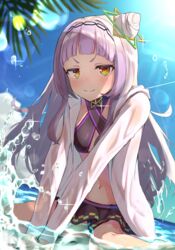  absurdres arched_bangs arms_up bikini blush bow choker collarbone cone_hair_bun female flat_chest grey_hair hair_bun hair_down hairband headband highres hololive long_hair long_sleeves looking_at_viewer microskirt midriff murasaki_shion murasaki_shion_(hololive_summer_2019) navel ocean official_alternate_costume oudon_(udonnaiyo) outdoors partially_submerged shirt short_eyebrows single_side_bun skirt smile solo splashing stomach sun swimsuit virtual_youtuber water white_shirt yellow_eyes 