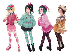  4girls alternate_height asymmetrical_legwear baggy_clothes baseball_cap beanie black_footwear black_hair blonde_hair bob_cut boots breasts brown_hair cake_hat candlehead candy candy_hair_ornament crumbelina_di_carmello double_bun dress eating food food-themed_hair_ornament from_behind gloves gold_jacket green_hair green_hoodie hair_bun hair_ornament hands_in_pockets hat highres hood hoodie jacket licorice_(food) lolicon lollipop looking_at_another low_twintails miniskirt mismatched_legwear multiple_girls pantyhose pink_dress pink_footwear pink_jacket pleated_skirt polka_dot polka_dot_legwear ponytail removing_jacket shinoharatotsuki shirt short_hair skirt smile stitches straight_hair strawberry_hat striped_clothes striped_pantyhose striped_shirt taffyta_muttonfudge twintails vanellope_von_schweetz wreck-it_ralph 