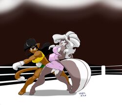  4_toes anthro barefoot boxing boxing_gloves chloe_sinclaire clothing deborah_bispo domestic_cat duo feet felid feline felis female fighting_ring handwear hi_res mammal mephitid plantigrade skunk soles sport toes wendel_fragoso 