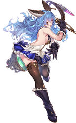  animal_ears bare_back black_footwear blue_hair blue_pubic_hair boots breasts brown_eyes brown_thighhighs commentary_request erune female ferry_(granblue_fantasy) granblue_fantasy highres holding holding_whip long_hair looking_at_viewer medium_breasts negresco open_mouth sideboob simple_background solo thighhighs whip white_background 