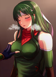  1boy blush breasts closed_eyes female fingerless_gloves fire_emblem fire_emblem:_shadow_dragon gloves grabbing grabbing_another&#039;s_breast green_eyes green_hair groping headband heavy_breathing highres long_hair open_mouth palla_(fire_emblem) red_scarf scarf solo_focus straight waiting_for_kiss yozu_(yozu0420) 