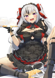  absurdres azur_lane beer_mug black_dress black_footwear black_gloves black_hair breasts cleavage clothing_cutout cross cup dress elbe_(azur_lane) elbe_(time_to_show_off?)_(azur_lane) female frilled_dress frills gloves hair_ribbon highres holding holding_tray iron_cross large_breasts layered_dress long_hair mug multicolored_hair nori_aji official_alternate_costume open_mouth purple_eyes red_ribbon ribbon simple_background sitting solo spill spilling streaked_hair tray two-tone_hair underboob_cutout very_long_hair white_background white_hair 