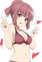  bikini blush breasts cleavage double_v female hair_ornament hair_ribbon heart koisuru_asteroid looking_at_viewer medium_breasts navel open_mouth pink_ribbon ponytail red_bikini red_eyes red_hair ribbon riyo_(aokiwazumi) sakurai_mikage simple_background smile solo standing swimsuit v white_background 