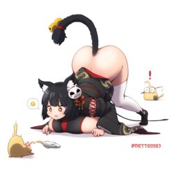  ! anger_vein animal_ears ass azur_lane black_hair blush bottomless breasts cat_ears cat_tail deto female highres huge_breasts japanese_clothes kimono large_breasts manjuu_(azur_lane) mask mask_on_head no_panties open_mouth red_eyes short_hair sideless_kimono spoken_emoji star-shaped_pupils star_(symbol) symbol-shaped_pupils tail thighhighs top-down_bottom-up white_thighhighs yamashiro_(azur_lane) 