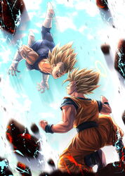  2boys battle blonde_hair bodysuit boots clenched_hand commentary_request dragon_ball dragon_ball_z energy eye_contact facial_mark forehead_mark halo highres kneeling looking_at_another majin_vegeta male_focus multiple_boys muscular muscular_male open_mouth sash son_goku spiked_hair spread_fingers studio_viga super_saiyan super_saiyan_2 teeth tongue vegeta white_footwear 