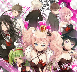  3boys 4girls ahoge alternate_costume alternate_hair_ornament alternate_hairstyle animal_print bare_shoulders bear_hair_ornament black_collar black_dress black_headwear black_jacket blonde_hair bow breasts brown_jacket cleavage collar collarbone collared_shirt crossed_arms crown danganronpa_(series) danganronpa_2:_goodbye_despair danganronpa_3_(anime) danganronpa_another_episode:_ultra_despair_girls dress ekita_kuro enoshima_junko expressionless formal fur-trimmed_jacket fur_trim gloves green_eyes green_necktie grey_hair hair_ornament hand_up highres hinata_hajime ikusaba_mukuro jacket komaeda_nagito large_breasts leopard_print long_hair looking_at_viewer medium_hair messy_hair monomi_(danganronpa) multicolored_background multiple_boys multiple_girls multiple_views naegi_makoto nanami_chiaki neck_ribbon necktie open_clothes open_jacket red_bow red_ribbon red_vest ribbon shirt short_hair smile striped striped_ribbon towa_monaca twintails two-tone_dress vest white_gloves white_jacket white_shirt 