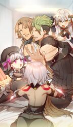  2boys 3girls ass bare_shoulders black_panties blurry bow brown_hair chiron_(fate) commentary_request depth_of_field fate/apocrypha fate/extra fate/grand_order fate_(series) green_hair grey_hair hat headpiece highres jack_the_ripper_(fate/apocrypha) jeanne_d&#039;arc_alter_santa_lily_(fate) long_hair multiple_boys multiple_girls no-kan nursery_rhyme_(fate) outstretched_hand panties purple_eyes short_hair tattoo undercut underwear white_hair yellow_eyes 