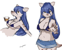  5_fingers alcohol anthro beverage bikini bikini_top blue_clothing blue_hair bottomwear breasts cigarette clothed clothing container cup cutoffs denim denim_bottomwear denim_clothing drinking_glass elza_(interspecies_reviewers) female fingers glass glass_container glass_cup hair holding_glass holding_object hyena interspecies_reviewers looking_at_viewer mammal nagmom nipple_outline shorts side_boob simple_background solo swimwear under_boob white_background 