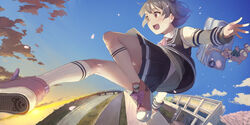  badge bag blazer blue_skirt blue_sky building cevio character_doll cherry_blossoms cloud commentary double_bun falling_petals female fisheye flying grey_hair grey_sweater hair_bun hair_ornament hairclip highres jacket jumping kneehighs koharu_rikka kuz lakiston miniskirt open_mouth outstretched_arm petals pink_footwear pleated_skirt red_eyes ribbed_sweater river school school_uniform shoes short_hair shoulder_bag skirt sky smile sneakers socks solo stuffed_animal stuffed_toy sweater synthesizer_v teddy_bear twilight voiceroid 