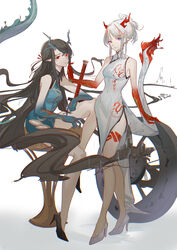  2girls absurdres arknights bare_legs bare_shoulders black_footwear black_hair blue_dress china_dress chinese_clothes dress dusk_(arknights) dusk_(everything_is_a_miracle)_(arknights) high_heels highres horns long_hair looking_at_viewer multicolored_hair multiple_girls naoel_(naoel_art) nian_(arknights) nian_(unfettered_freedom)_(arknights) official_alternate_costume pointy_ears purple_eyes red_eyes red_hair sitting sleeveless sleeveless_dress standing streaked_hair tail very_long_hair white_background white_dress white_hair 