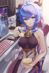  absurdres ahoge bare_shoulders bedroom bell blue_hair bodystocking breasts chair commentary computer computer_keyboard computer_mouse cowbell curtains feeding female food ganyu_(genshin_impact) genshin_impact highres holding holding_spoon horns ice_cream incoming_food indoors looking_at_viewer medium_breasts monitor nail_polish pov pudding purple_eyes sculpture sitting sleeveless smile solo spoon zhenmingjiang 