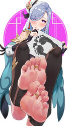  absurdres black_legwear blue_eyes blue_nails blush close-up earrings feet female foot_focus footprints foreshortening genshin_impact gloves grey_hair hair_ornament hair_over_one_eye he_c92 highres holding holding_paper jewelry long_hair long_sleeves looking_at_viewer nail_polish no_shoes paper partially_fingerless_gloves puffy_long_sleeves puffy_sleeves shenhe_(genshin_impact) soles solo stirrup_legwear tassel tassel_earrings toe_ring toeless_legwear toenail_polish toenails toes 