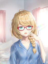  ahoge blonde_hair braid claire_cruller claire_eikaiwa female glasses green_eyes hair_ornament highres looking_at_viewer open_mouth pajamas red-framed_eyewear side_braid single_braid sleepy solo sunlight tim86231 virtual_youtuber 