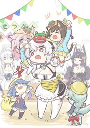  6+girls @_@ absurdres ahoge anchor_choker animal_ear_fluff animal_ears apron azur_lane belfast_(azur_lane) bell bird black_dress black_kimono blue_dress blue_shirt book braid breasts broken broken_chain brown_hair brown_thighhighs cat_ears cat_girl cat_tail chains chibi chick cleavage closed_eyes dog_ears dress facial_mark fox_ears fox_girl fox_tail framed_breasts french_braid frilled_apron frilled_gloves frills gem gloves hairband hat highres himajin_(fd_jin) indoors japanese_clothes jewelry kimono kindergarten kindergarten_uniform kisaragi_(azur_lane) kitsune kyuubi lace-trimmed_hairband lace_trim large_breasts large_tail lifting_person light_green_hair long_hair long_sleeves low_neckline magatama magatama_necklace maid maid_headdress manjuu_(azur_lane) mask mask_on_head mikazuki_(azur_lane) minazuki_(azur_lane) multiple_girls multiple_tails musashi_(azur_lane) mutsuki_(azur_lane) necklace obi oerba_yun_fang oni_mask open_mouth pantyhose pink_hair pleated_skirt purple_dress purple_gemstone purple_hair purple_tail red_eyes ribbon sash scared school_hat shelf shirt short_dress short_hair short_twintails single_braid sirius_(azur_lane) skirt socks squirrel_ears squirrel_tail standing tail tail_bell tail_ornament tail_ribbon thighhighs twintails two-tone_dress v_arms very_long_hair whisker_markings white_apron white_dress white_hair white_pantyhose white_socks yellow_headwear yellow_skirt 