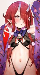  blush breasts detached_sleeves earrings female hair_over_one_eye highres hoozuki_warabe horns japanese_clothes jewelry kajimakoto long_hair looking_at_viewer navel noripro oni oni_horns parted_lips pointy_ears red_hair small_breasts solo stomach virtual_youtuber yellow_eyes 