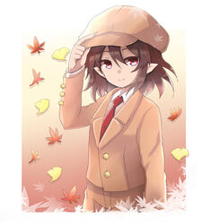  autumn_leaves brown_hair brown_hat brown_jacket brown_shorts buttons cabbie_hat closed_jacket closed_mouth collared_shirt commentary_request ellipsis_(mitei) female flat_cap hand_on_headwear hat jacket leaf necktie pointy_ears red_eyes red_necktie shameimaru_aya shameimaru_aya_(newsboy) shirt short_hair shorts smile solo standing touhou white_shirt 